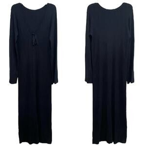 Show Me Your Mumu Ribbed Knit Vacay Maxi Dress Size XL Black Deep V Neck Tie